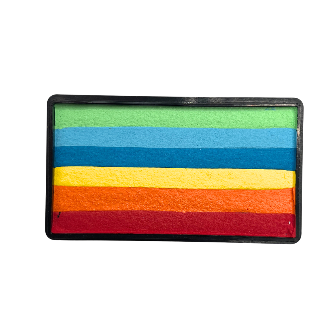 Rectangular block of unused face paint with colorful horizontal stripes on a white background