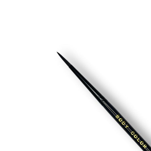 Close up of Body Color Cosmetics Stiletto Round #2 face painting brush with black synthetic bristles and short black handle for detailed linework and face paint designs.