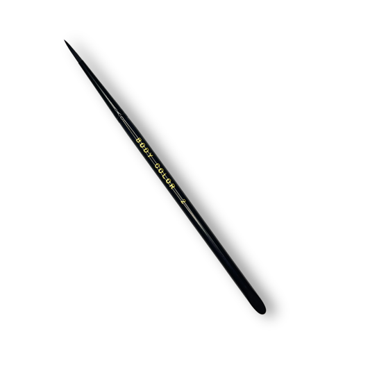 Body Color Cosmetics Stiletto Round #2 face painting brush with black synthetic bristles and short black handle for detailed linework and face paint designs.