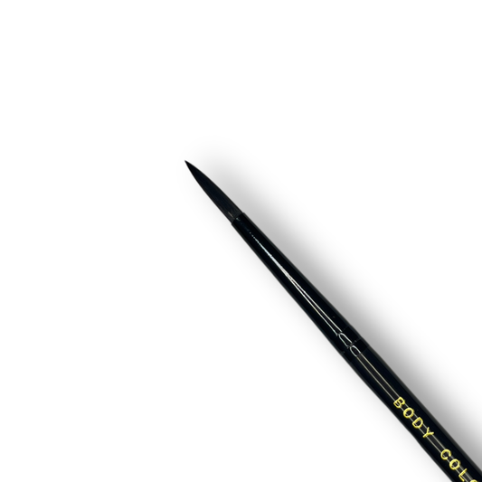 Close up of Body Color Cosmetics Stiletto Round #4 face painting brush with black synthetic bristles and short black handle for detailed line work and face paint designs.