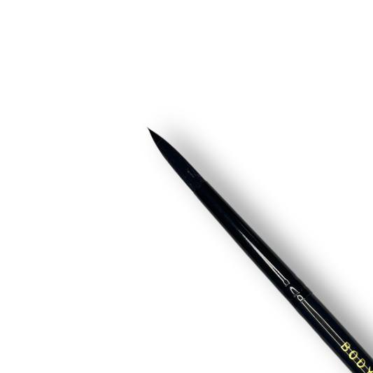 Close up of Body Color Cosmetics Stiletto Round #6 face painting brush with black synthetic bristles and short black handle for detailed linework and face paint designs.