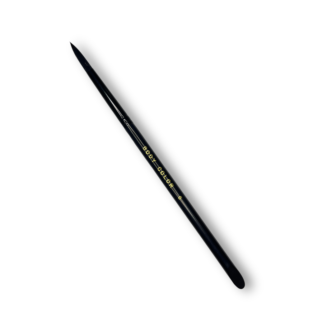 Body Color Cosmetics Stiletto Round #6 face painting brush with black synthetic bristles and short black handle for detailed linework and face paint designs.