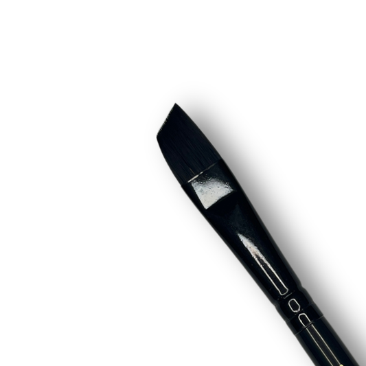 Close up of Body Color Cosmetics Stiletto 1/2 inch angled face painting brush with black synthetic bristles and short handle for one-stroke face paint designs.