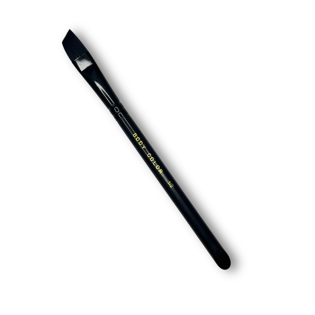 Body Color Cosmetics Stiletto 1/2 inch angled face painting brush with black synthetic bristles and short handle for one-stroke face paint designs.