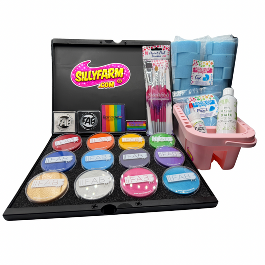 Silly Farm paint kit with various paint colors, brushes, and a palette on a white background.