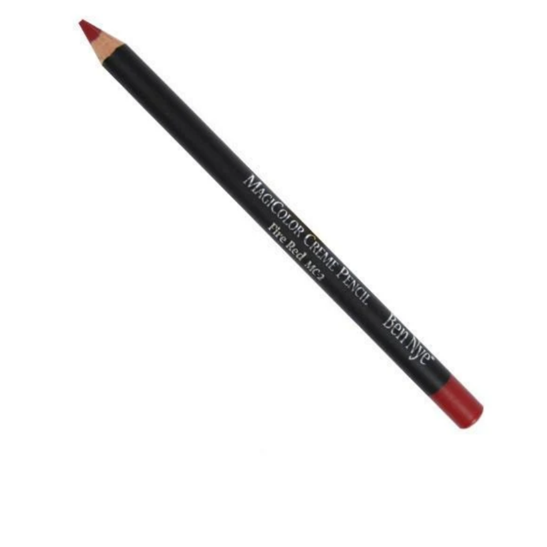 Ben Nye MagiColor Creme Pencil MC-2 Fire Red with black barrel, sharpened red tip, and matching red end cap.