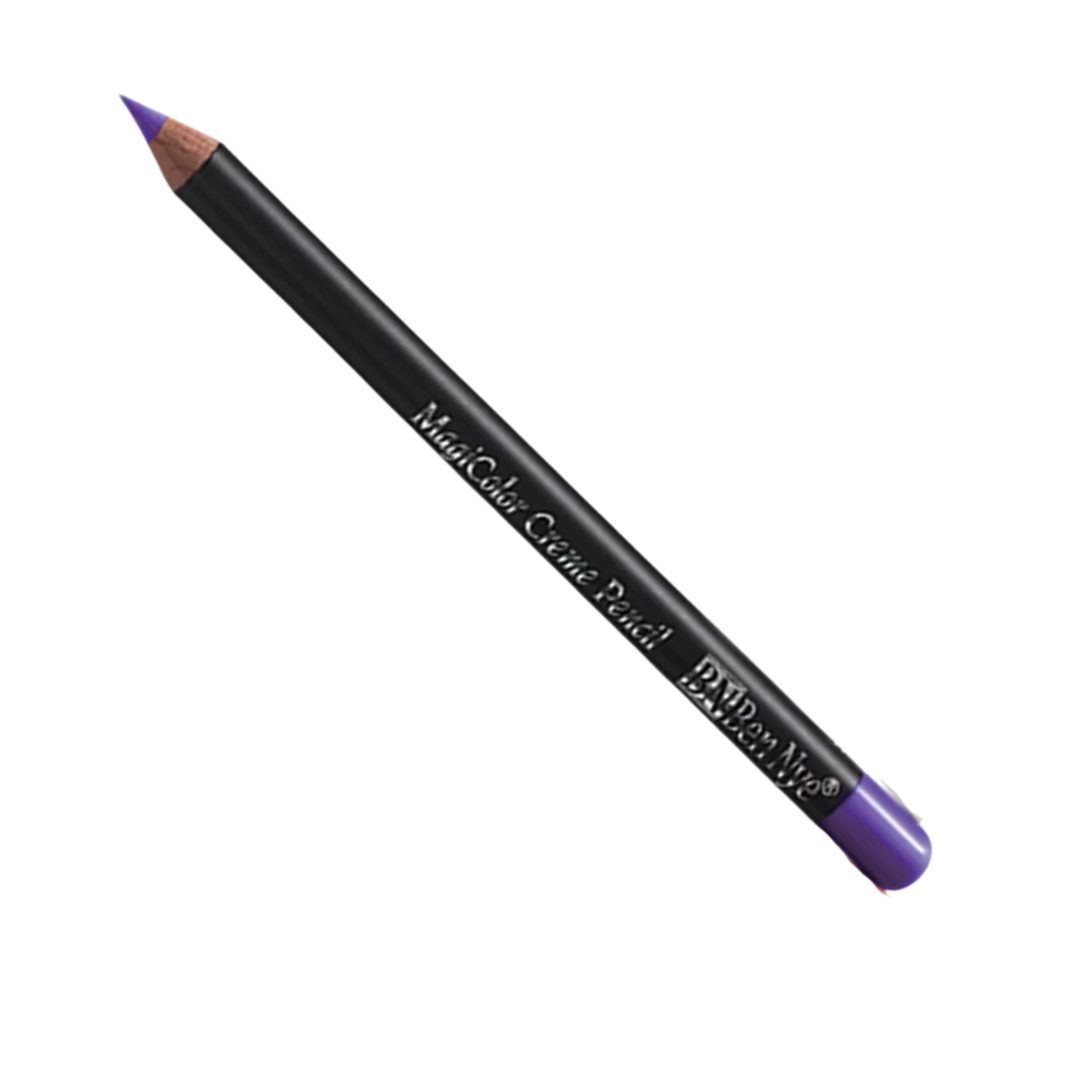 Ben Nye MagiColor Creme Pencil Misty Violet MC-18 with black barrel, purple tip, and matching violet end cap on white background.