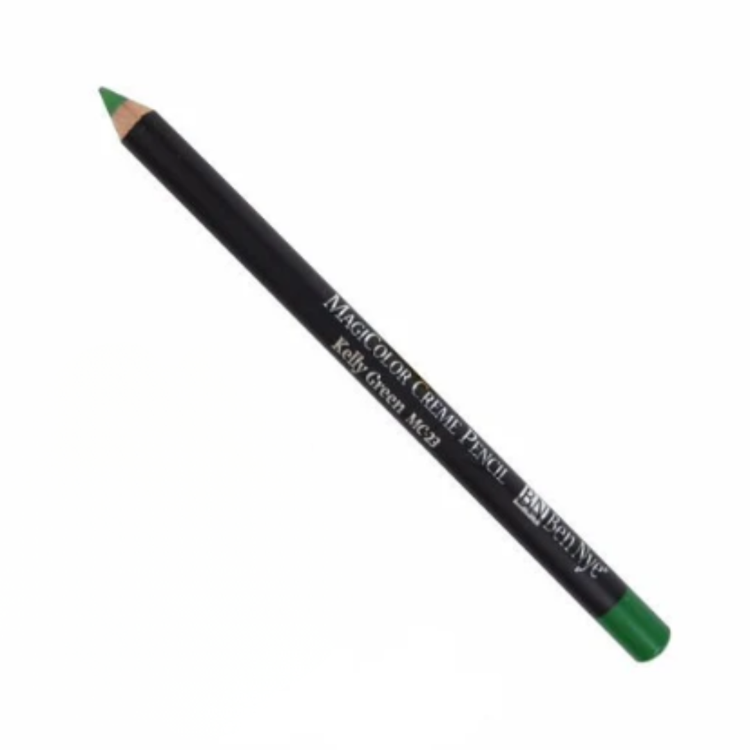 Ben Nye MagiColor Creme Pencil MC-23 Kelly Green with black barrel, sharpened green tip, and matching green end cap.