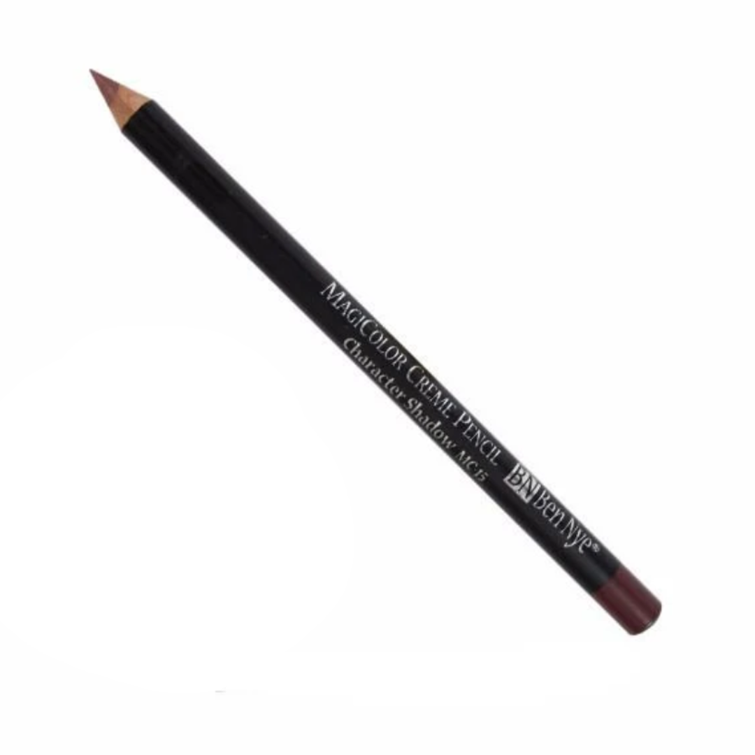Ben Nye MagiColor Creme Pencil MC-15 Character Shadow with black barrel, sharpened reddish-brown tip, and matching end cap on white background.