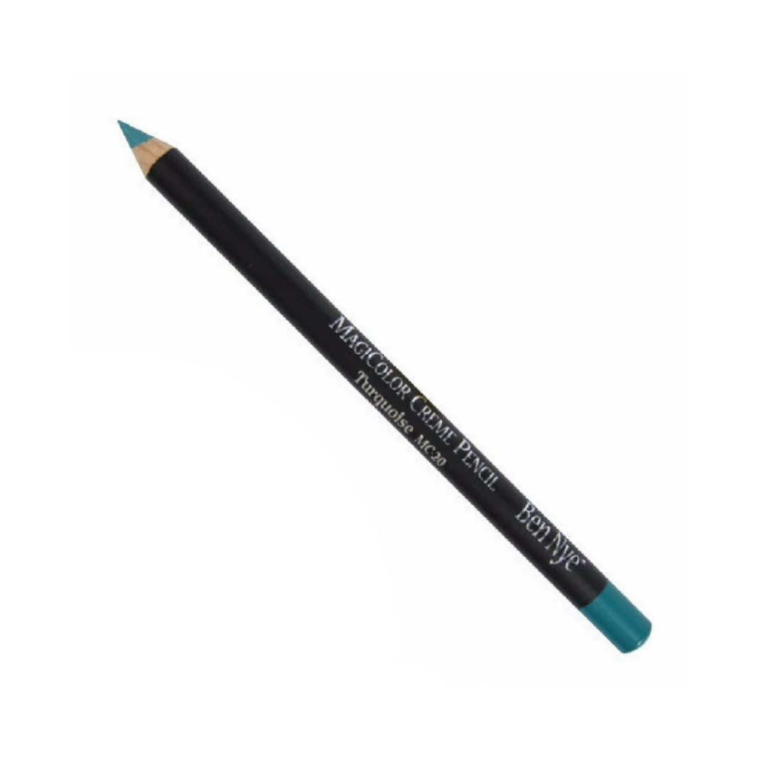 Ben Nye MagiColor Creme Pencil Turquoise MC-20 with black barrel, sharpened turquoise tip, and matching blue-green end cap on white background.