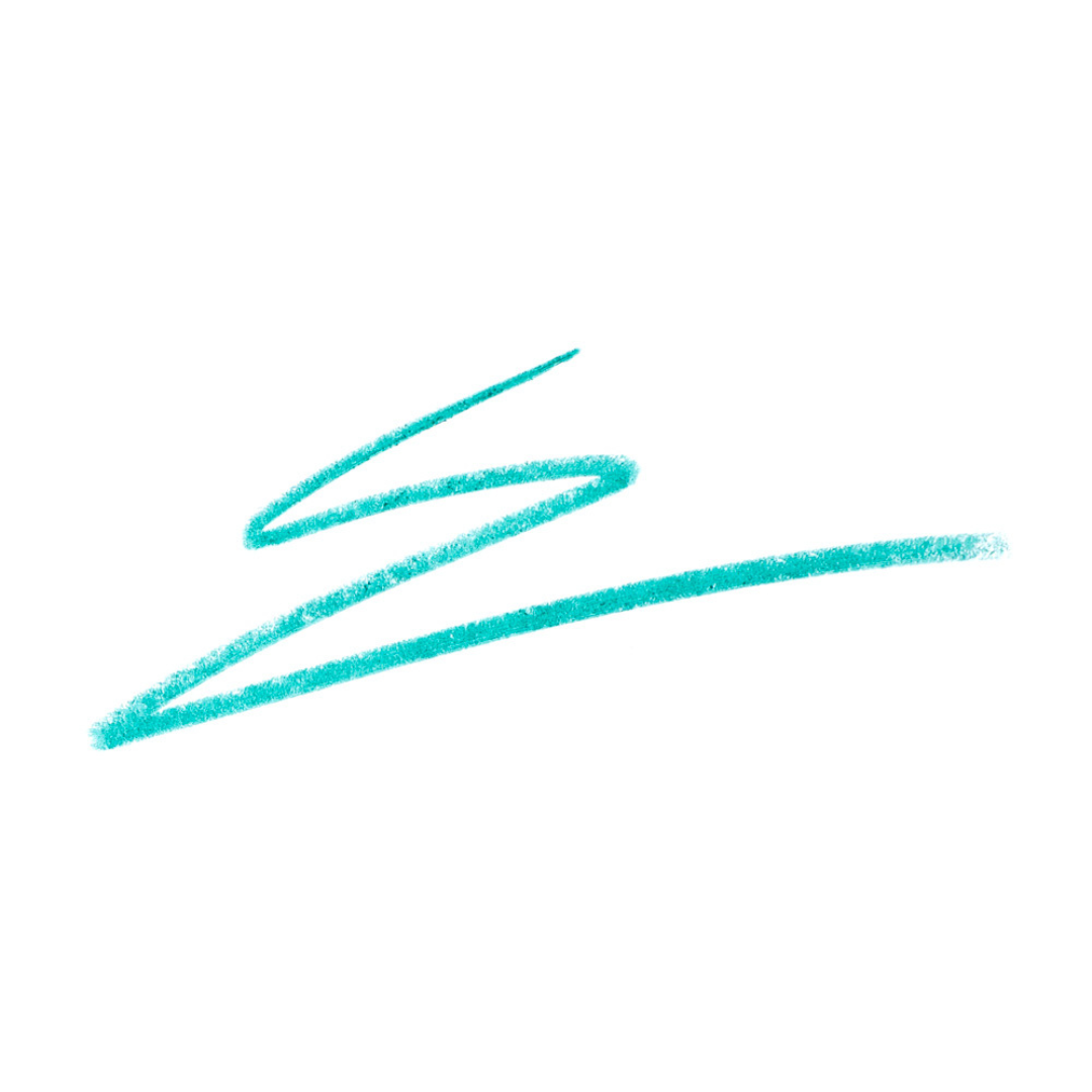Ben Nye MagiColor Creme Pencil Turquoise MC-20 swatch showing thin and thick strokes of vibrant turquoise blue-green makeup on white background.