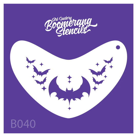 Art Factory Bat Crown Boomerang Stencil B040 featuring a large bat, flying bats and sparkle details for Halloween face painting.