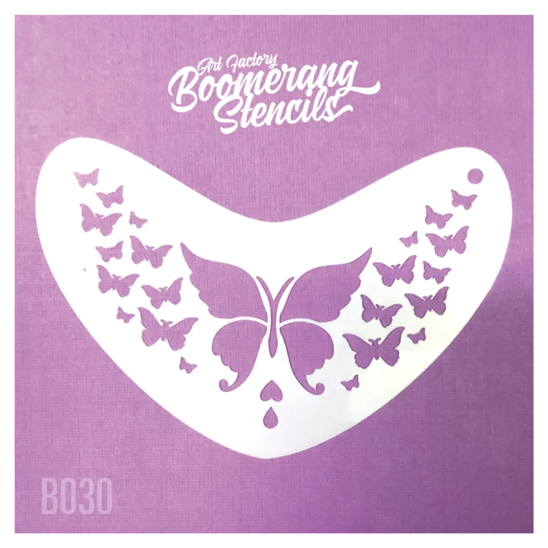 Art Factory Butterfly Boomerang Stencil B030 featuring a large center butterfly surrounded by smaller butterflies for face painting.