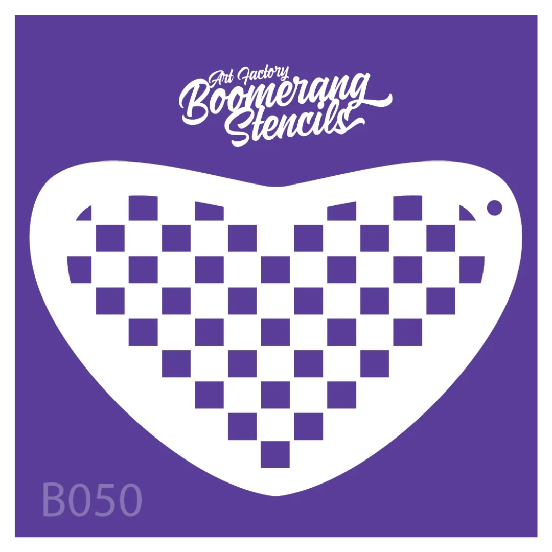 Art Factory Checkerboard Boomerang Stencil B050 featuring a repeating square pattern for face and body painting.