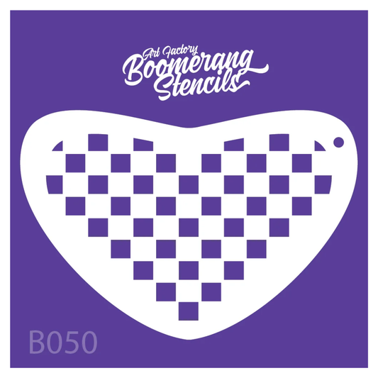 Art Factory Checkerboard Boomerang Stencil B050 featuring a repeating square pattern for face and body painting.