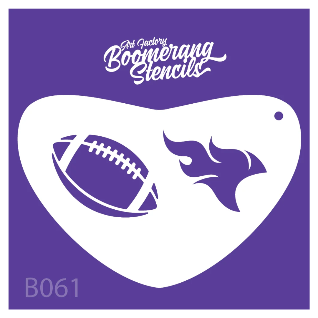 Art Factory Football Boomerang Face Paint Stencil B061 featuring a football and flame design.