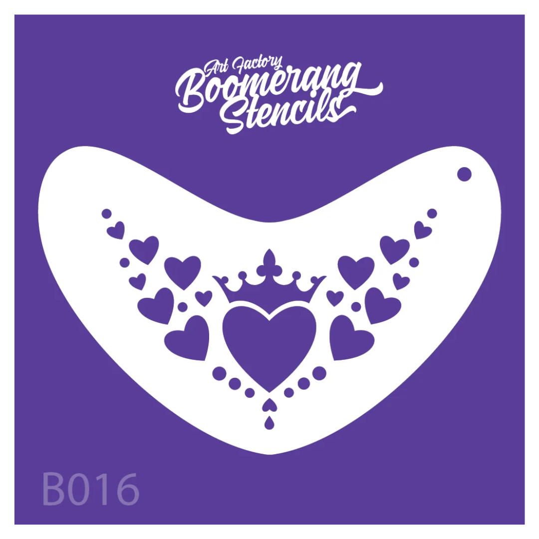 Art Factory Heart Crown Boomerang Stencil B016 featuring a crowned heart surrounded by smaller hearts for face painting.