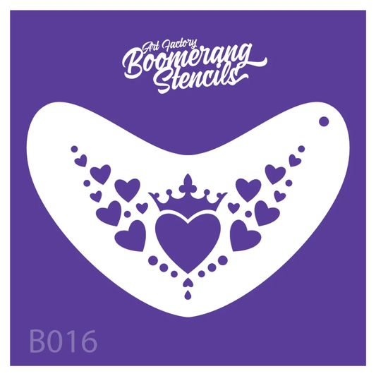 Art Factory Heart Crown Boomerang Stencil B016 featuring a crowned heart surrounded by smaller hearts for face painting.