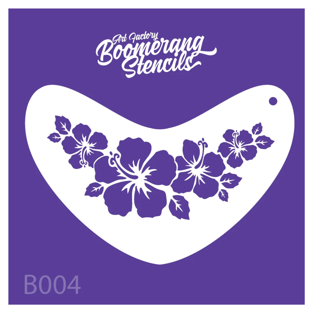 Art Factory Hibiscus Crown Boomerang Stencil B004 featuring four hibiscus flowers and tropical leaves for face painting.