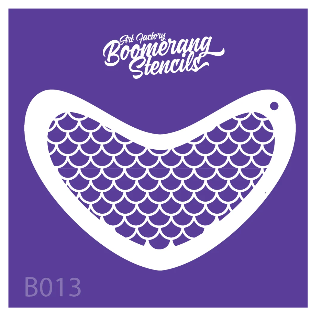 Art Factory Mermaid Scale Boomerang Stencil B013 with a repeating scale pattern for mermaid, fish and fantasy face painting designs.