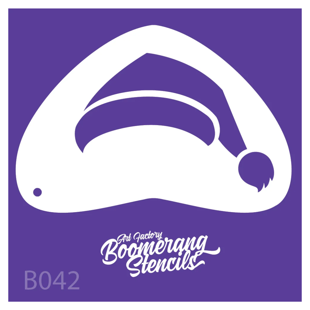 Art Factory Santa and Elf Hat Boomerang Stencil B042 featuring a pointed holiday hat with curved brim and pom-pom for Christmas face painting.