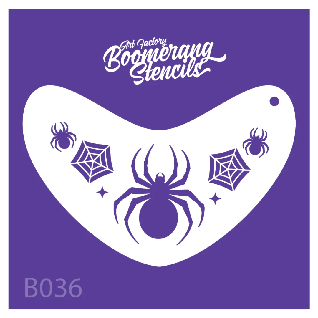 Art Factory Spider Crown Boomerang Stencil B036 featuring three spiders, spider webs and sparkle accents for Halloween face painting.