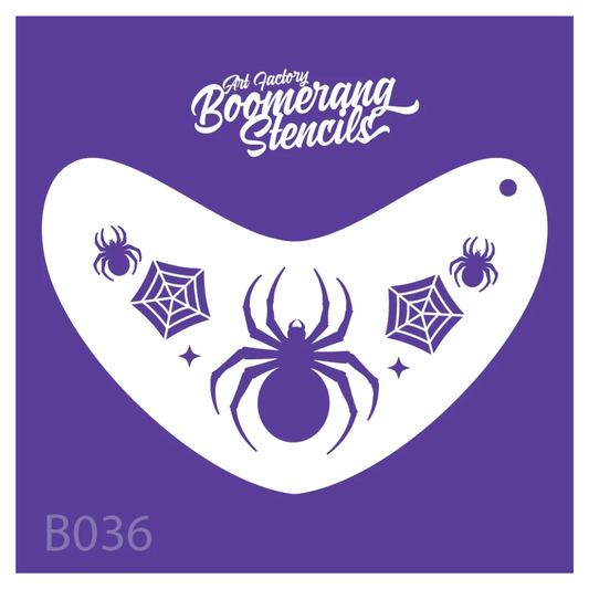 Art Factory Spider Crown Boomerang Stencil B036 featuring three spiders, spider webs and sparkle accents for Halloween face painting.