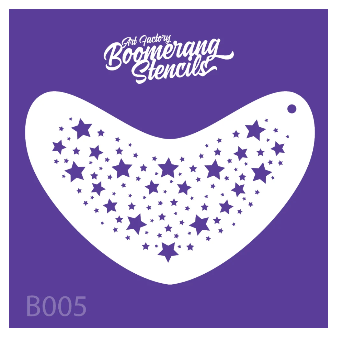Art Factory Star Twinkle Boomerang Stencil B005 featuring scattered stars in assorted sizes for face and body painting.