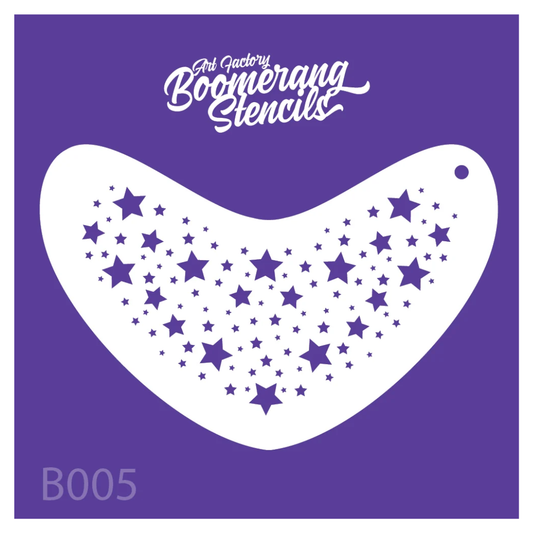 Art Factory Star Twinkle Boomerang Stencil B005 featuring scattered stars in assorted sizes for face and body painting.