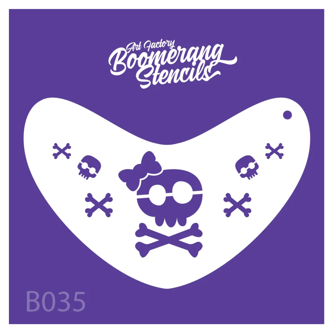 Art Factory Sugar Skull and Crossbones Boomerang Stencil B035 featuring a bow-topped skull with crossbones and smaller skull accents.