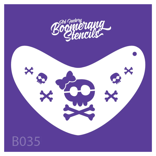 Art Factory Sugar Skull and Crossbones Boomerang Stencil B035 featuring a bow-topped skull with crossbones and smaller skull accents.