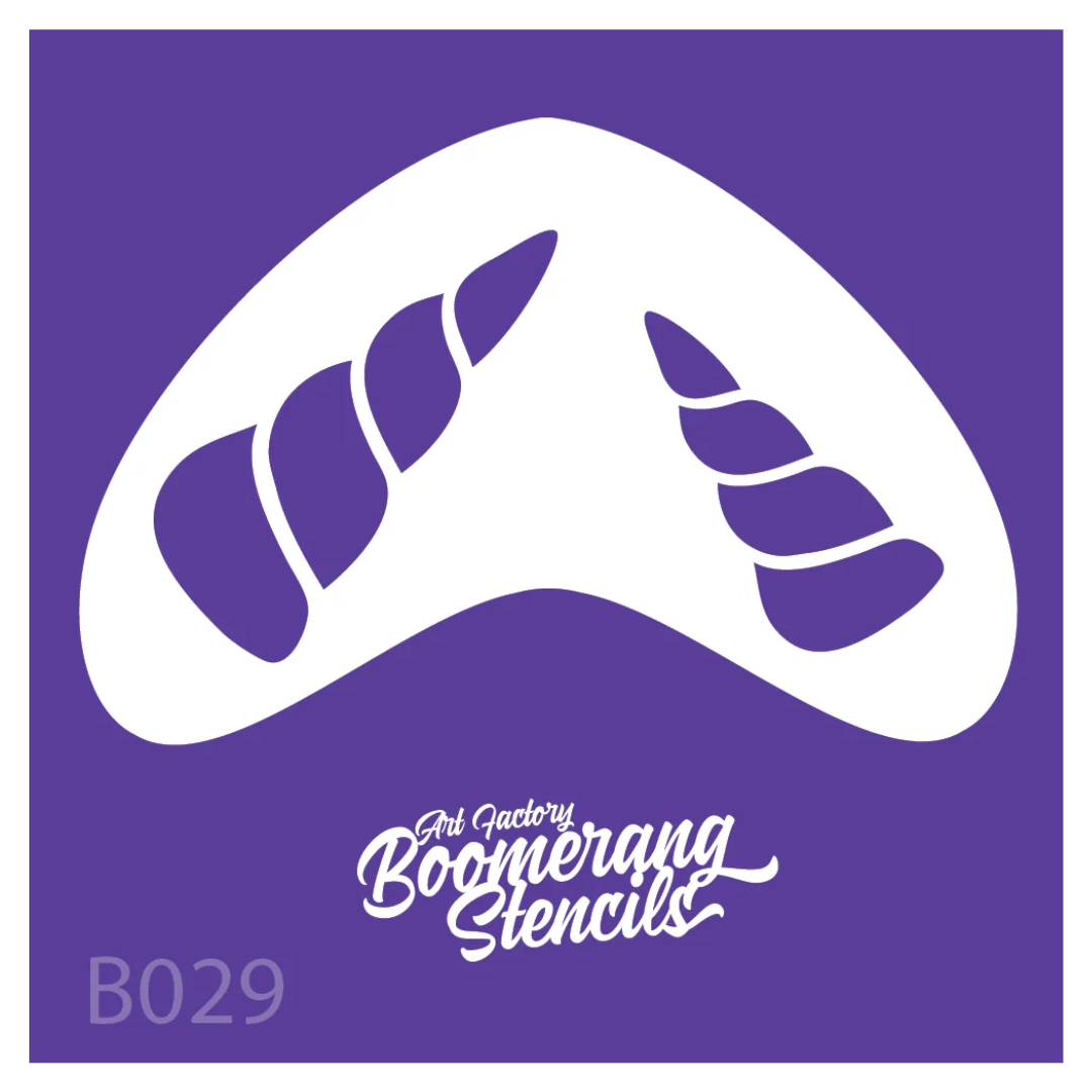 Art Factory Unicorn Horns Boomerang Stencil B029 featuring two spiral horn designs for unicorn and fantasy face painting.