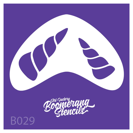 Art Factory Unicorn Horns Boomerang Stencil B029 featuring two spiral horn designs for unicorn and fantasy face painting.