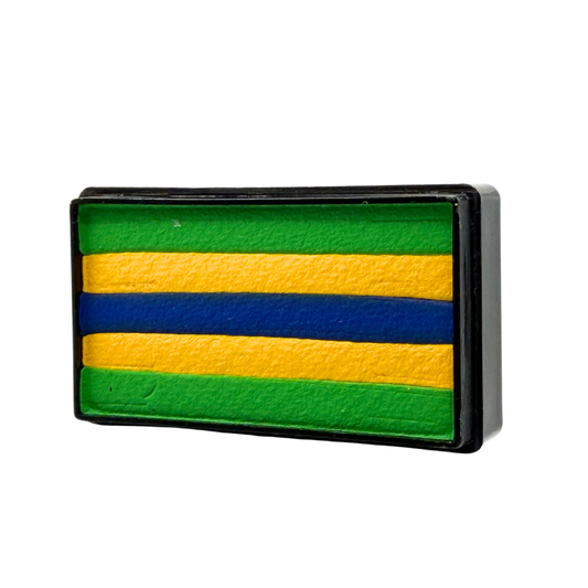Brazil Flag Arty Cake one-stroke face paint featuring green, yellow, and blue stripes in a rectangular cake, perfect for Brazil soccer fan face paint, cheek flags, futbol celebrations, and game day makeup.
