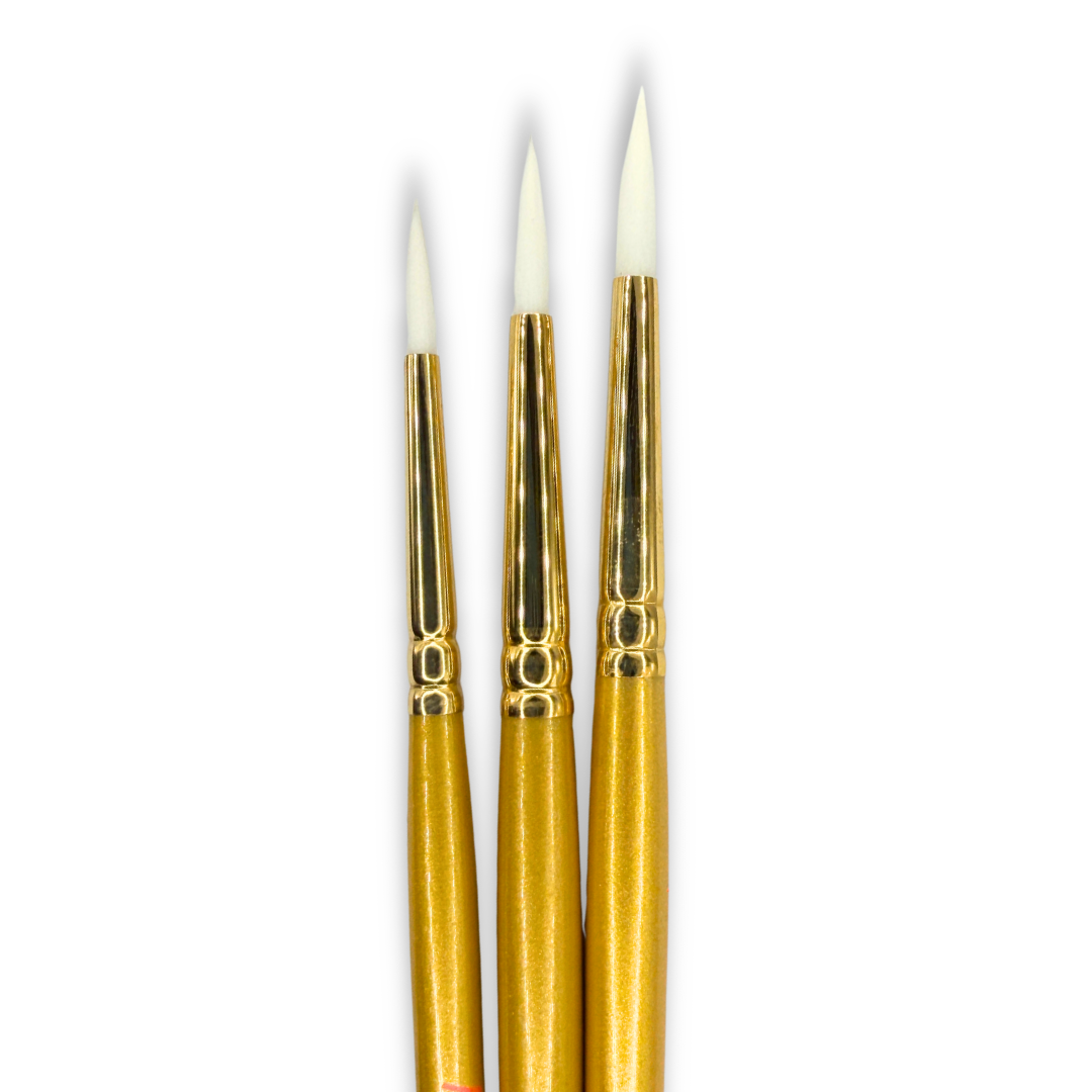 Paint Pal LUXE Swirl Brush Set featuring three exclusive SillyFarm round face painting brushes with white synthetic bristles, polished gold ferrules, and metallic gold handles for line work, swirls, teardrops, curls, and detailed face painting.