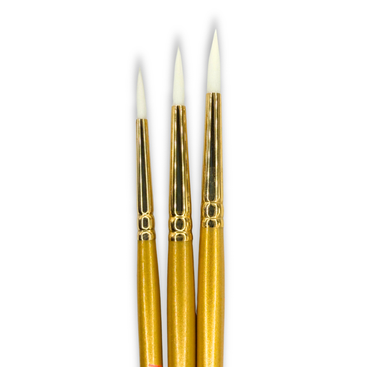 Paint Pal LUXE Swirl Brush Set featuring three exclusive SillyFarm round face painting brushes with white synthetic bristles, polished gold ferrules, and metallic gold handles for line work, swirls, teardrops, curls, and detailed face painting.