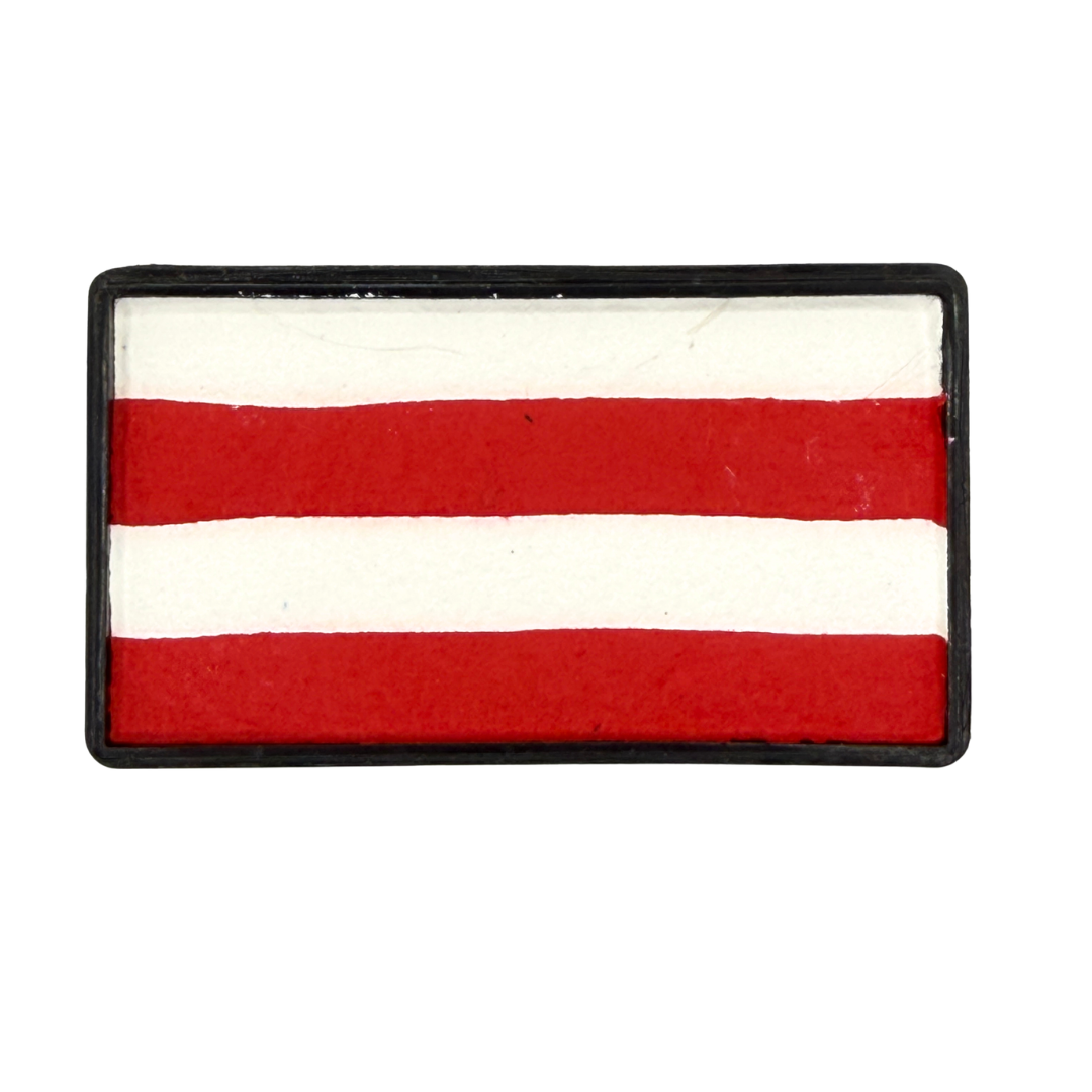 Rectangular one-stroke face paint cake with alternating bright red and white horizontal stripes inside a black plastic container, designed for creating crisp striped effects with a flat or angled brush.