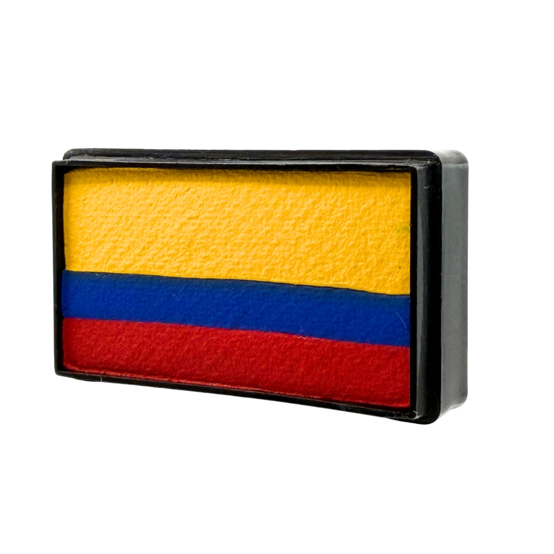 Colombia Flag Arty Cake one-stroke face paint featuring yellow, blue, and red stripes in a rectangular cake, perfect for Colombia soccer fan face paint, cheek flags, fútbol celebrations, and game day makeup.