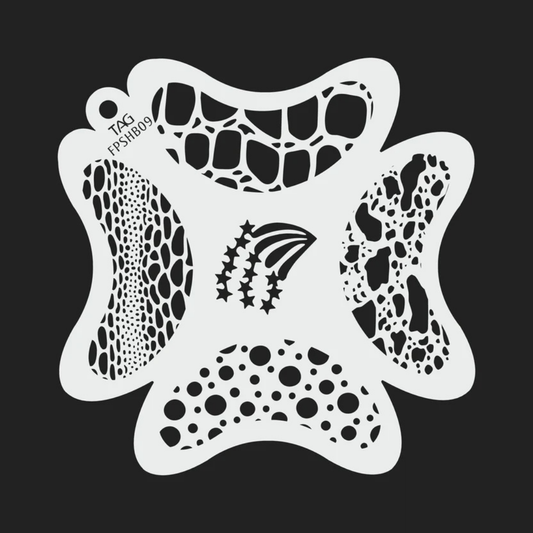 TAG Creature and Cosmic FPSHB09 reusable face painting stencil featuring reptile scales, animal print textures, circular dots, and a shooting star with TAG Body Art branding.