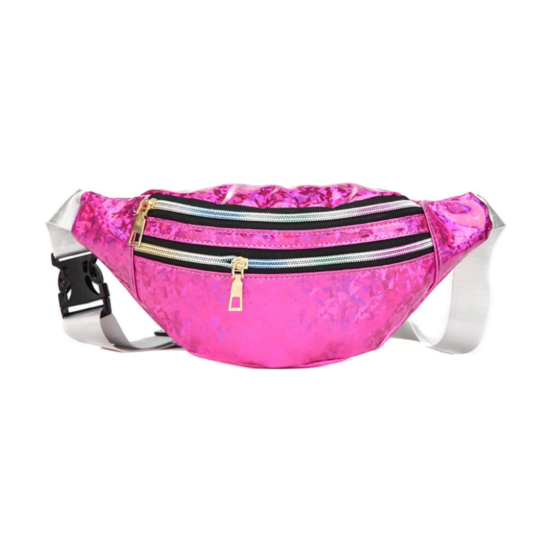 A bright fuchsia fanny pack with a silver adjustable strap, black and white striped zipper, and gold zipper pulls, shown against a plain white background.
