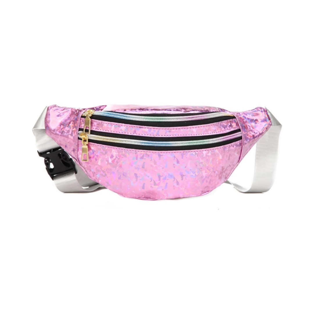 A light pink holographic fanny pack with a silver adjustable strap and gold zipper accents, shown against a plain white background.