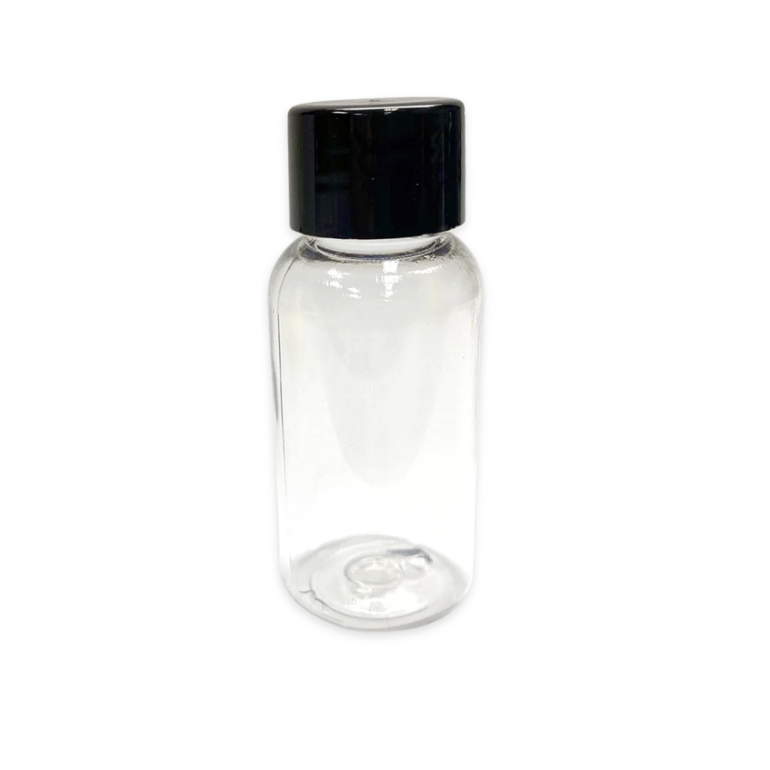 A 1oz clear plastic bottle with a black screw cap, shown against a plain white background.