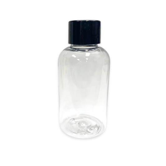 A 2oz clear plastic bottle with a black screw cap, shown against a plain white background.