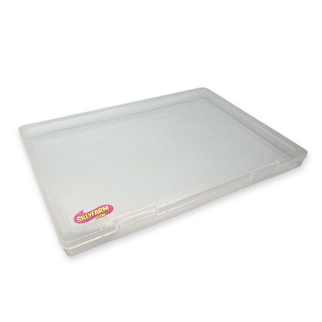 Clear plastic container with 'Silly Farm' logo on a white background