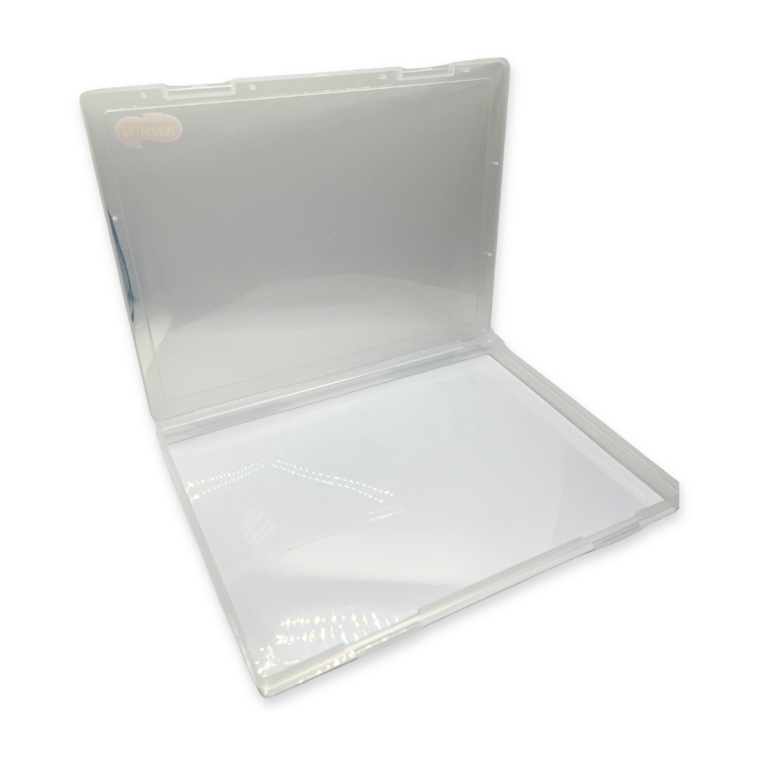 Open clear plastic container with a white border on a white background