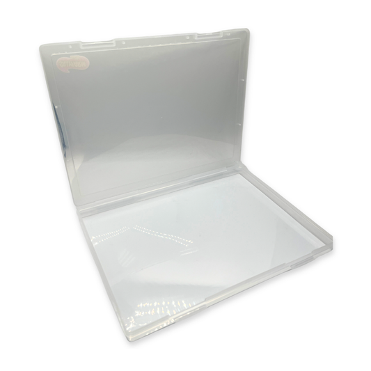 Open clear plastic container with a white border on a white background