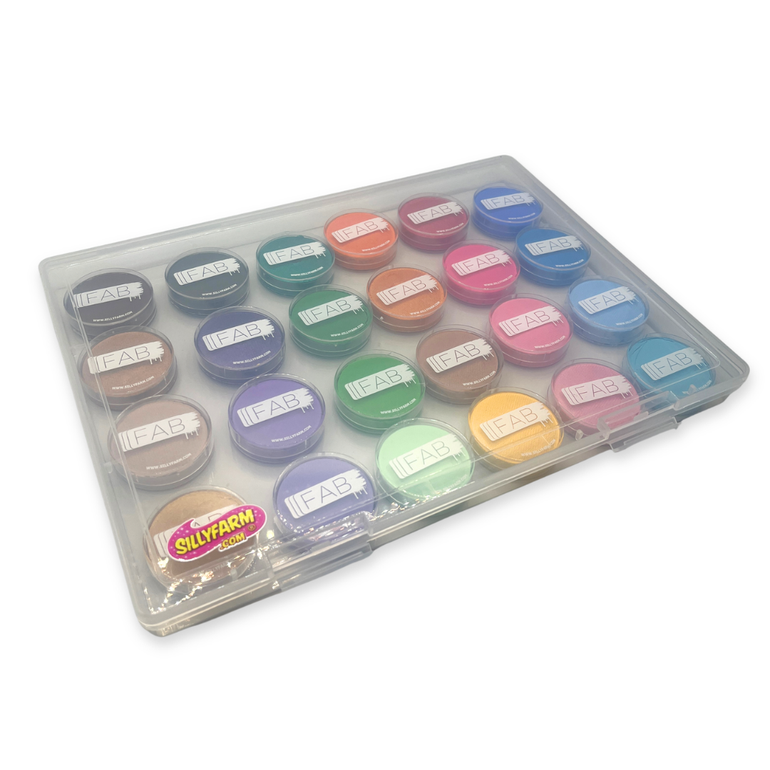 Clear plastic container showing 24 small face paint containers on a white background
