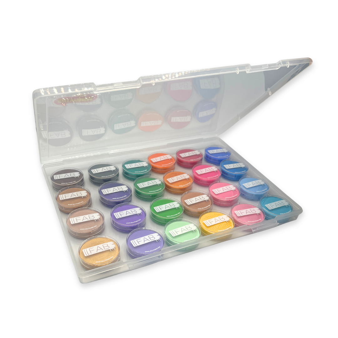 Open Clear plastic container showing 24 small face paint containers on a white background