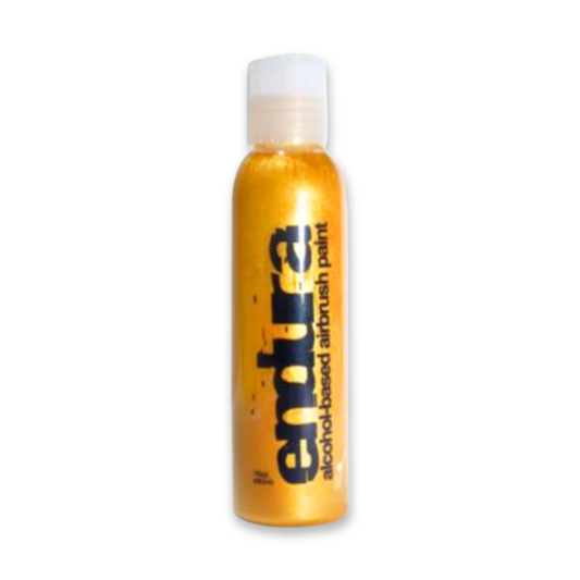A 4oz bottle of Endura Alcohol-Based Airbrush Paint in a metallic gold color, featuring a white cap and black branding text, set against a plain white background.
