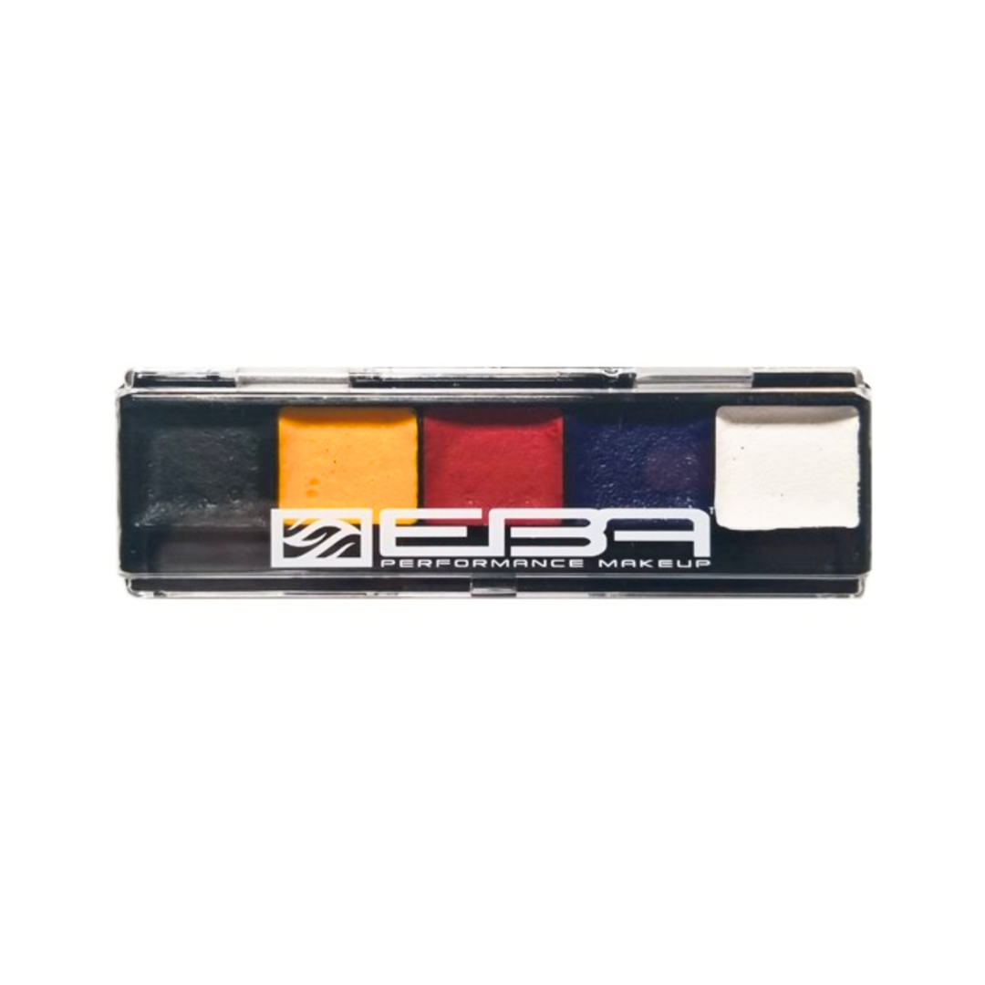 EBA Encore Premium Waterproof Slim SFX Alcohol Palette with black, blue, white, red, and yellow colors for professional special effects makeup.